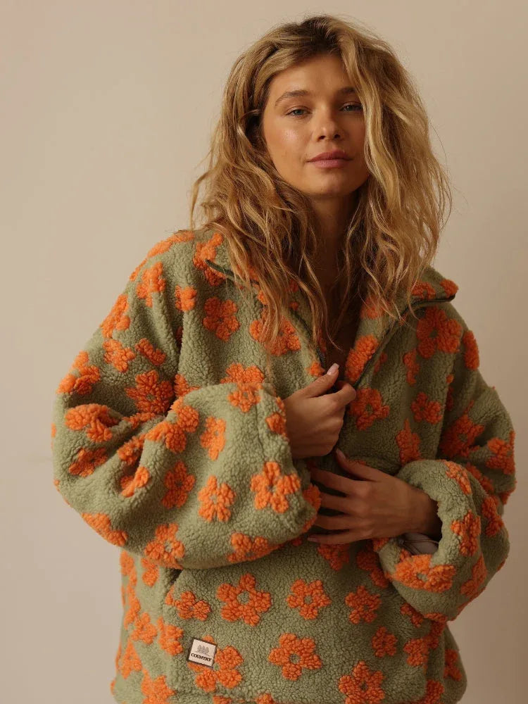 Vintage Floral Sherpa Fleece Pullover - View 7 | TEVQA
