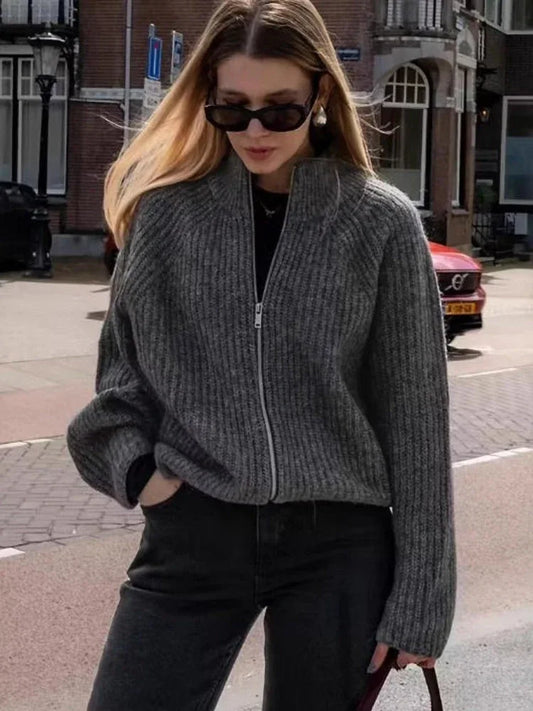 The Sloane Chunky Ribbed Zip-Up Cardigan - TEVQA