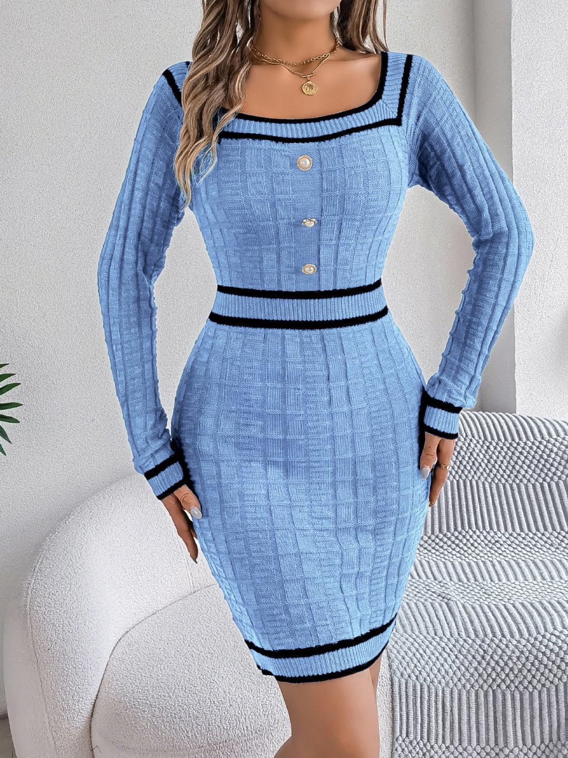 Vintage Red Square Neck Knit Dress - TEVQA