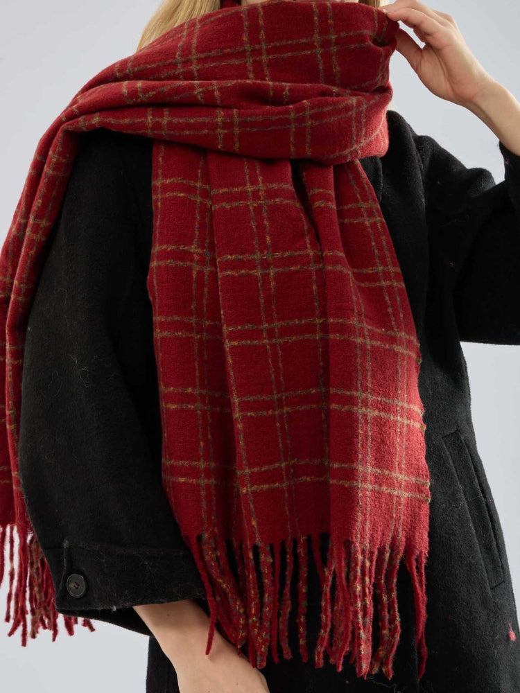 Textured Boucle Plaid Scarf Red