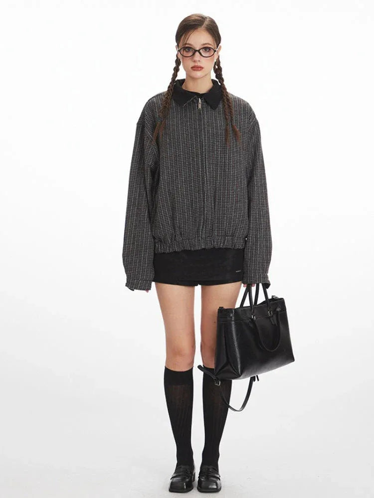 Vintage Reversible Plaid Bomber Jacket - TEVQA