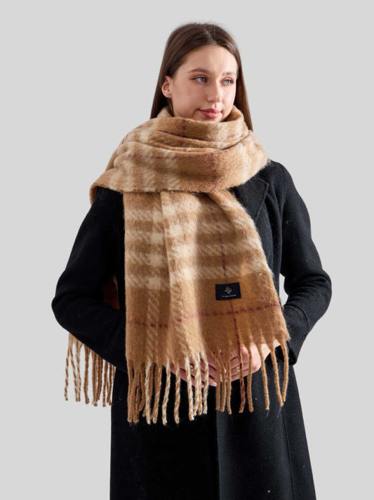 Women's Vintage Plaid Scarf Oversized Faux Mohair Bouclé Wrap with Fringe - Camel & Beige
