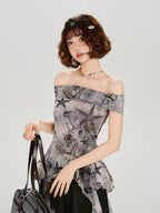 Vintage Nautical Print Off-Shoulder Top Grey