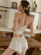 Button-Front Lace Satin Cami & Shorts Set - TEVQA