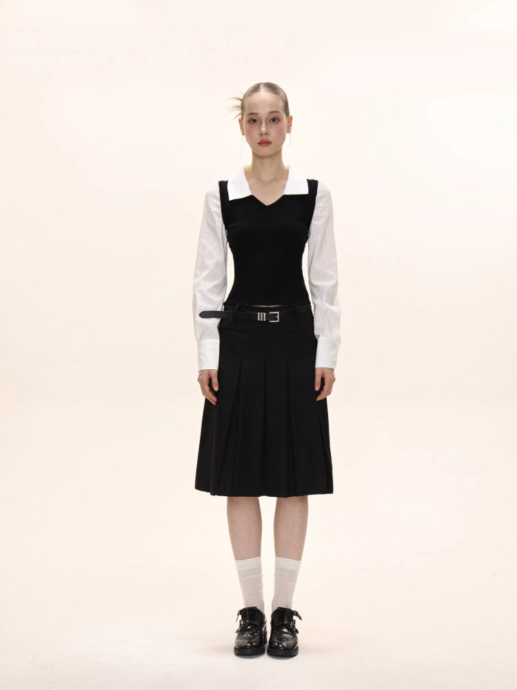 Preppy Fake Two-Piece Knit Contrast Striped Shirt