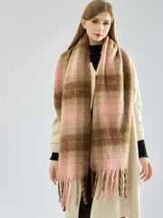 Chunky Boucle Plaid Scarf Pink Brown