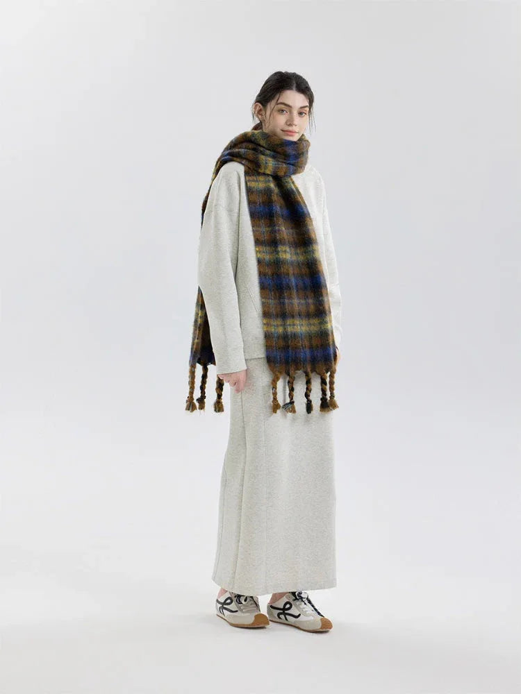 Vintage Plaid Wool Blend Scarf - TEVQA