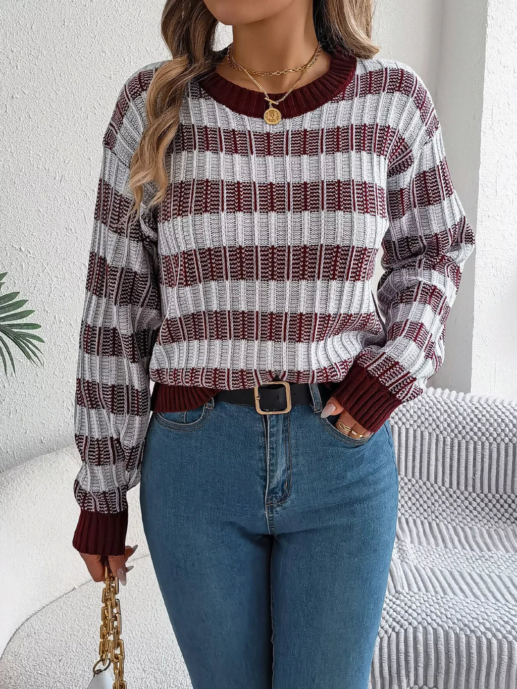 Vintage Lantern Sleeve Knit Sweater - Burgundy - TEVQA
