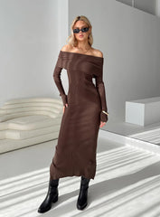Phylis Chocolate Ribbed Off-Shoulder Knit Maxi Dress - Long Sleeve Bodycon Sweater Gown - TEVQA
