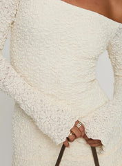 Vancesca Cream Textured Off-Shoulder Mini Dress - Ruffle Hem Long Sleeve Bodycon - TEVQA