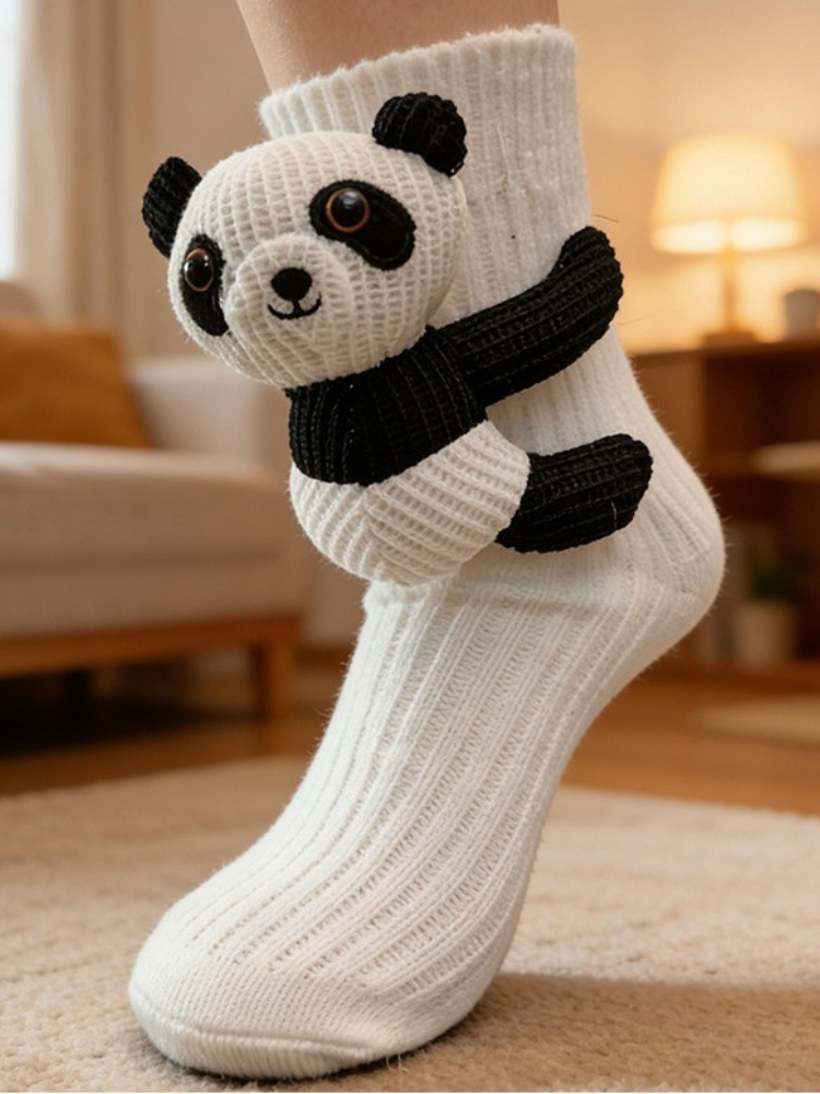 White 3D Panda Knit Slipper Socks Non-Slip