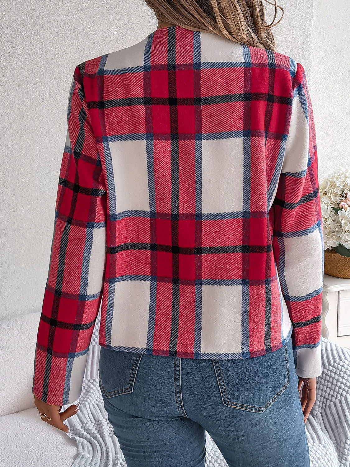 Chic Navy Blue Plaid Cropped Jacket