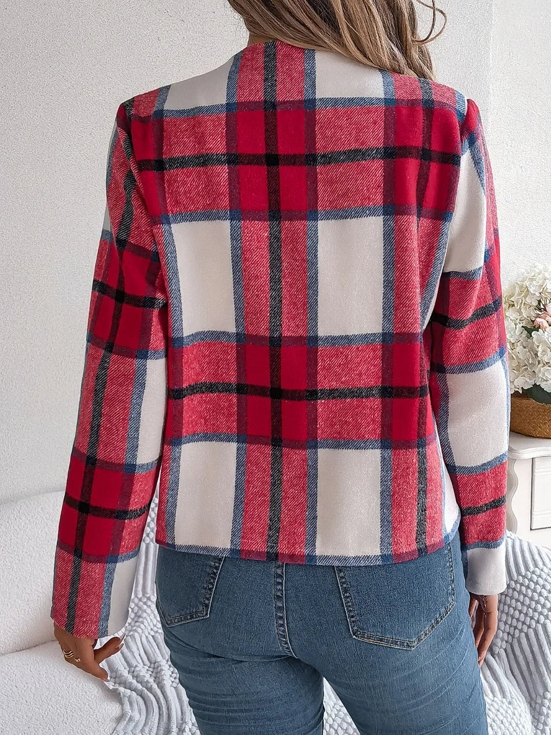 Navy blue plaid cropped jacket - View 15 | TEVQA