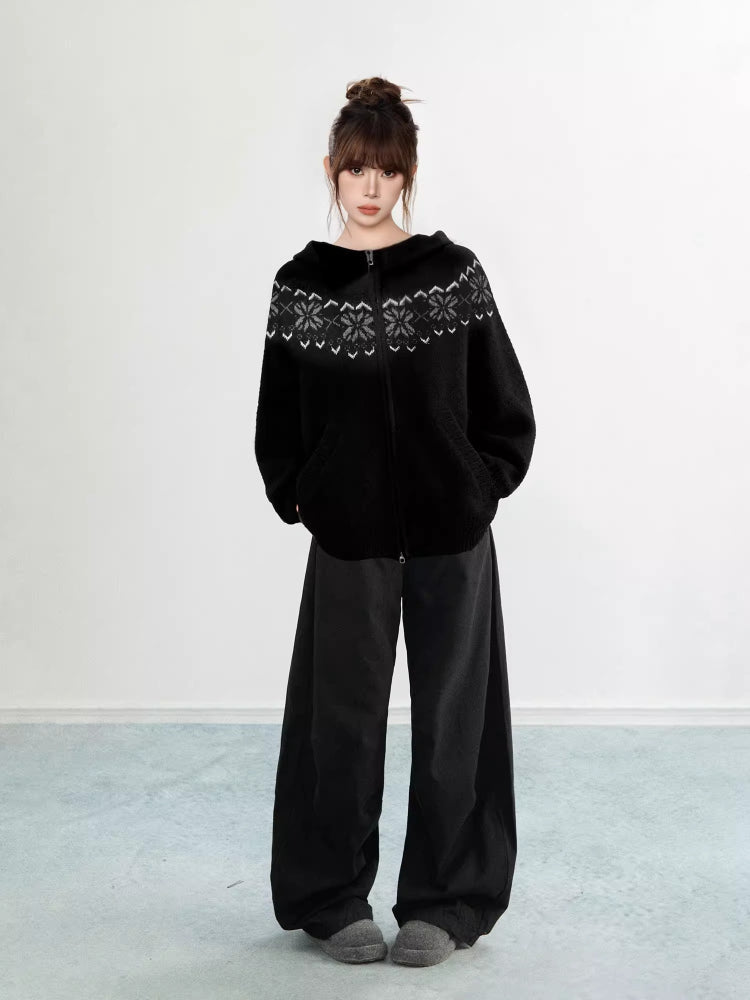 Black Fair Isle Hooded Zip Knit Cardigan Snowflake Pattern