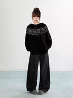 Black Fair Isle Hooded Zip Knit Cardigan Snowflake Pattern