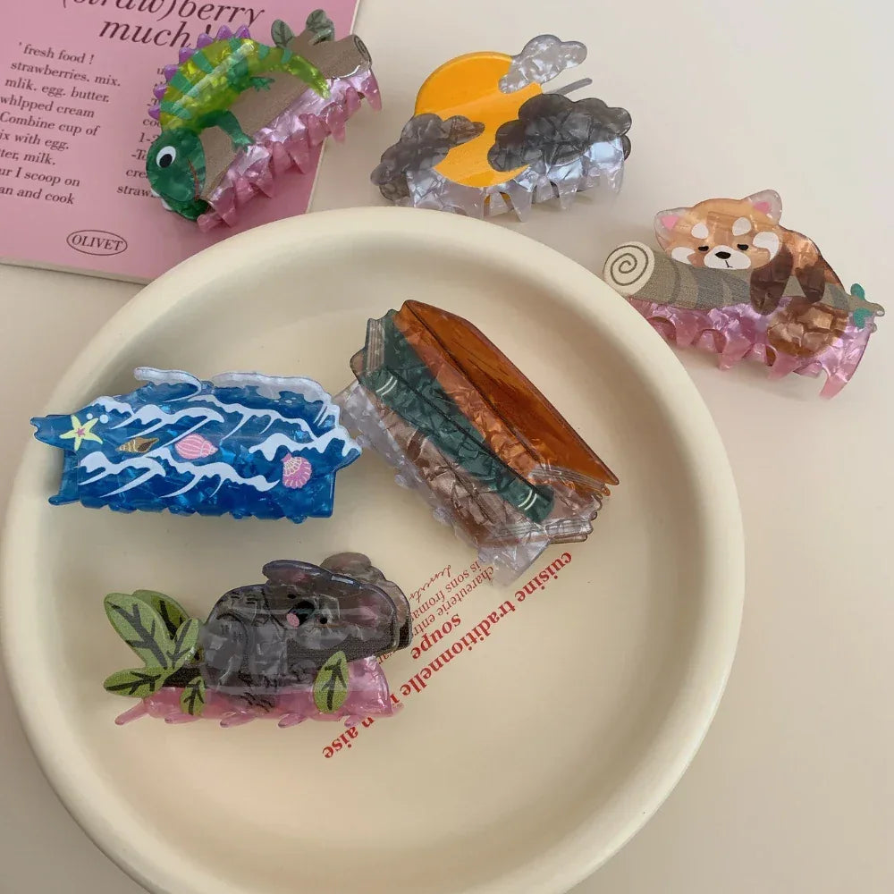 Whimsical Nature Acetate Hair Claw Clip - 3.4 Inch Artistic Animal & Scenery Clips - TEVQA