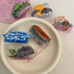 Whimsical Nature Acetate Hair Claw Clip - 3.4 Inch Artistic Animal & Scenery Clips - TEVQA