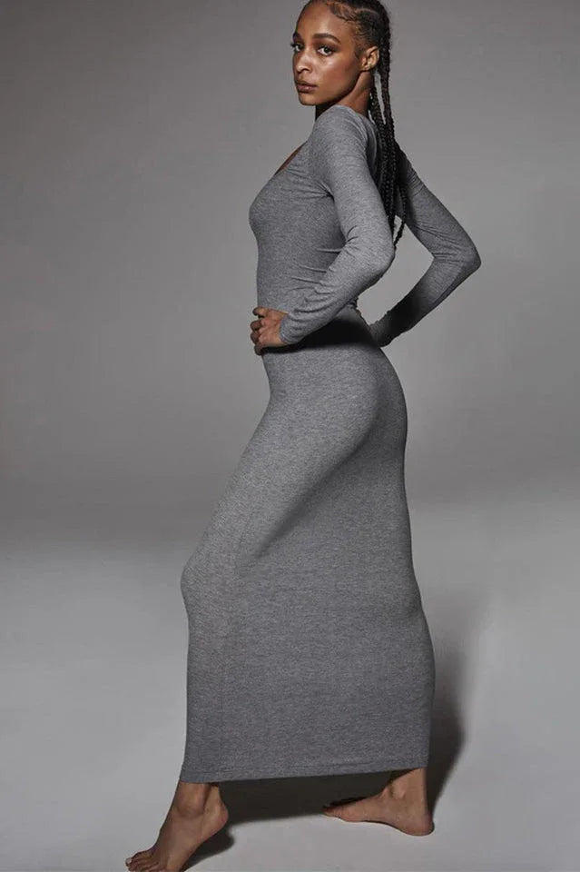 Ribbed long sleeve square neck maxi dress - View 7 | TEVQA