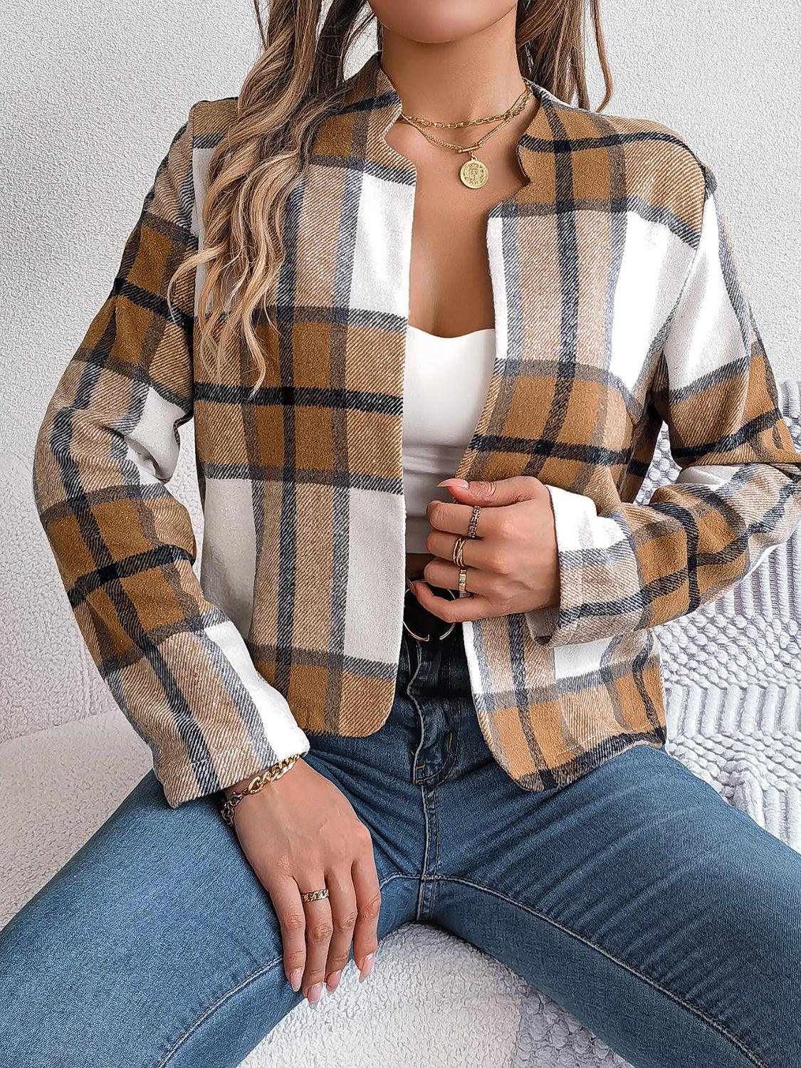 Navy blue plaid cropped jacket - View 10 | TEVQA