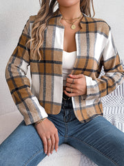 Chic Navy Blue Plaid Cropped Jacket