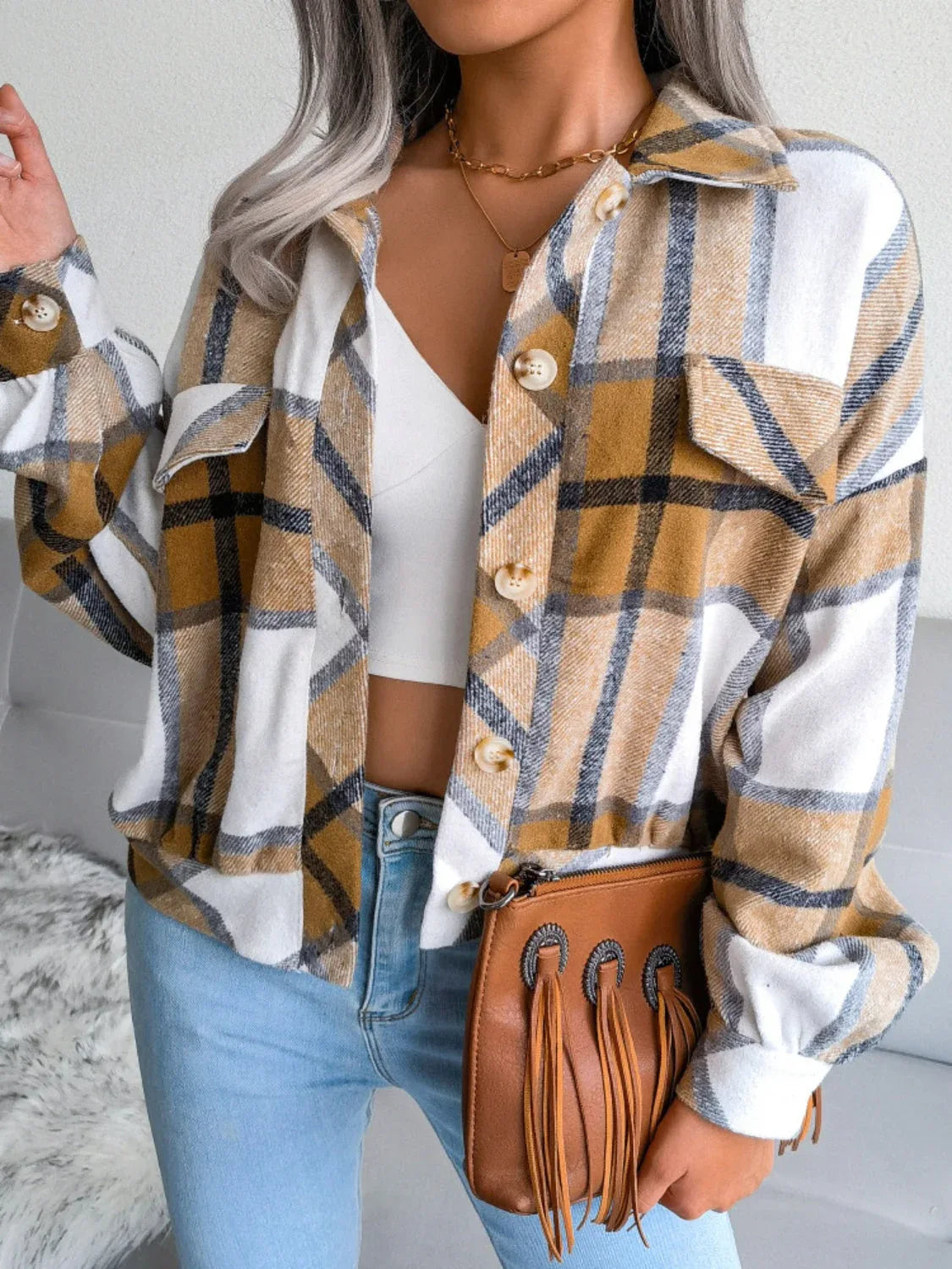 Plaid wool blend cropped shacket with lantern sleeves - View 8 | TEVQA