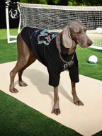 Weimaraner dog wearing a black t-shirt with a colorful graphic print and silver chain, standing on a tan mat on a tennis court.