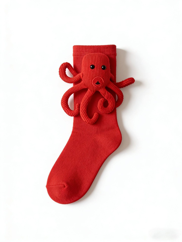 Red sock with a red octopus applique, shown from the front against a white background