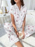Cherry print ribbed pajama set with lace trim - View 19 | TEVQA
