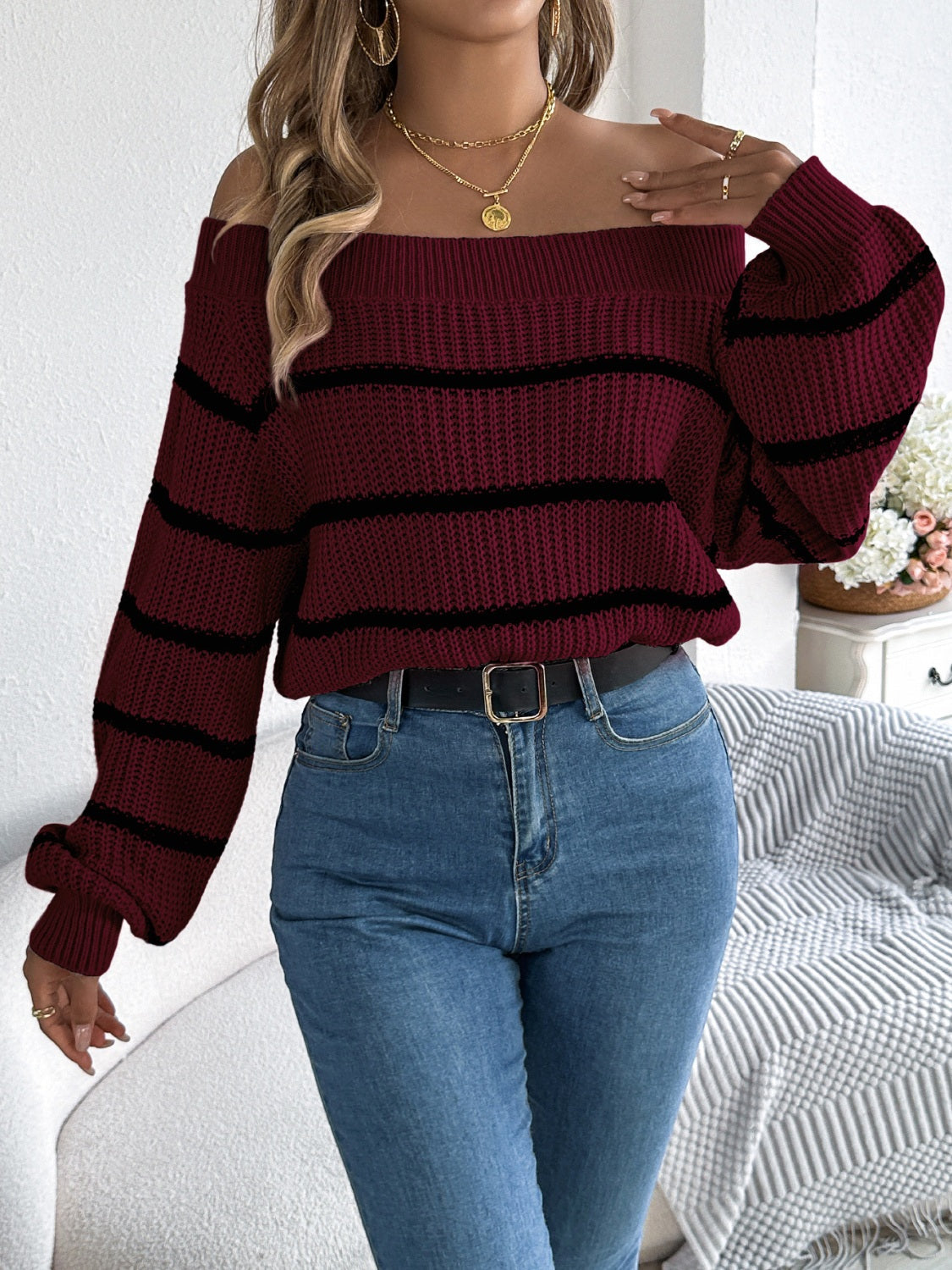 White Striped Off-Shoulder Knit Sweater