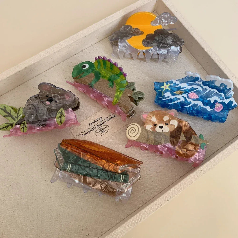 Whimsical Nature Acetate Hair Claw Clip - 3.4 Inch Artistic Animal & Scenery Clips - TEVQA