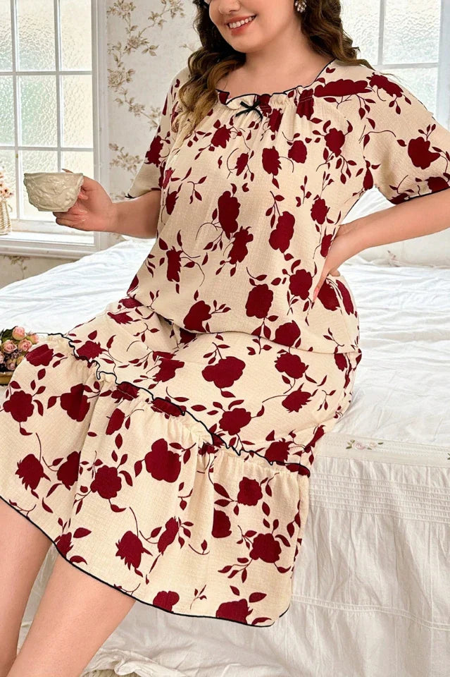 Plus Size Beige Nightgown with Red Floral Print & Black Trim, Ruffle Hem Midi Sleep Dress - Vintage Style