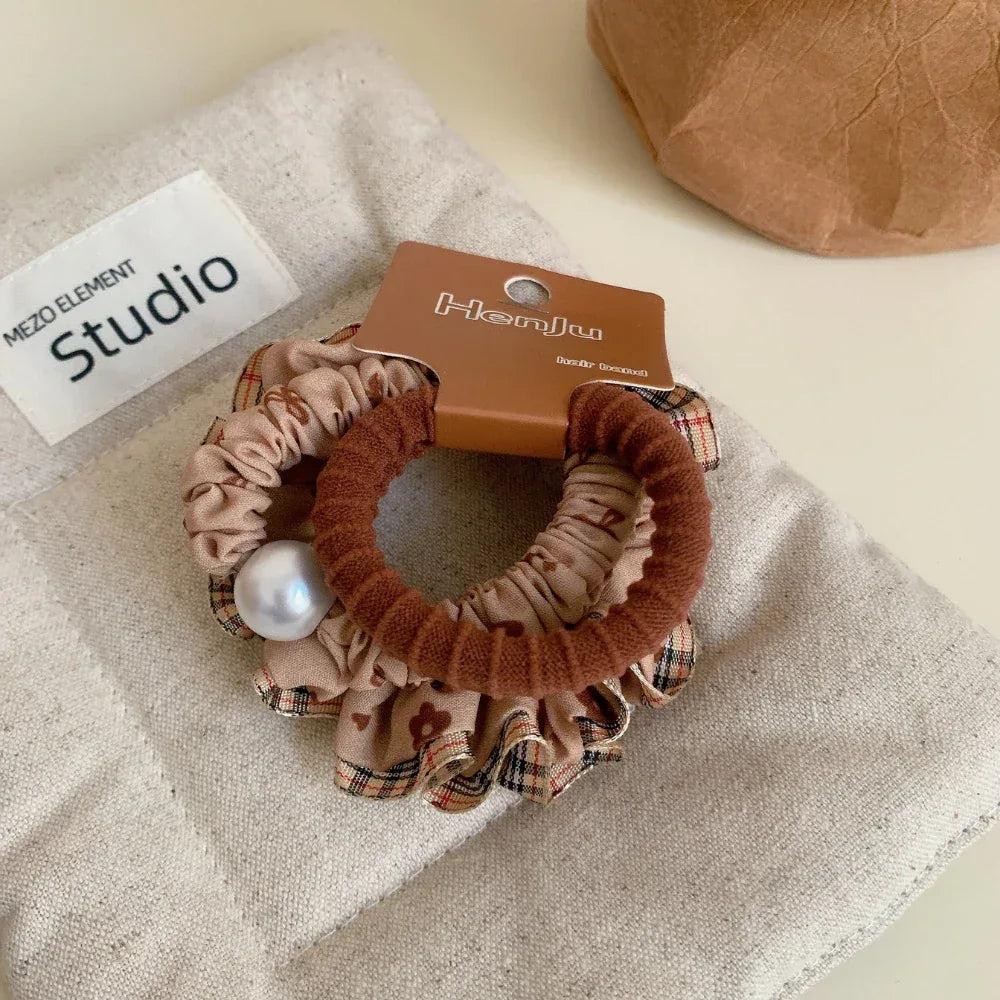 Ruffle Pearl Scrunchie Hair Tie Set - View 10 | TEVQA