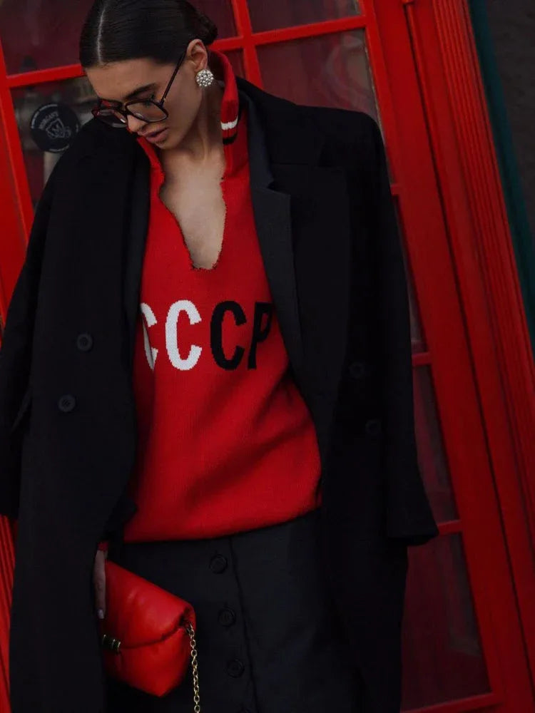 Retro Red CCCP Varsity Sweater with sailor collar and striped trim - View 6 | TEVQA