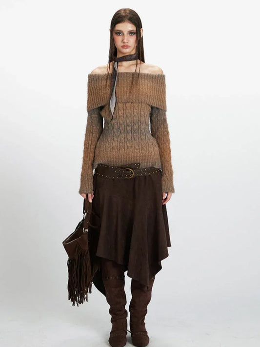 Y2K Mocha Ombre Off-Shoulder Fuzzy Knit Sweater - TEVQA