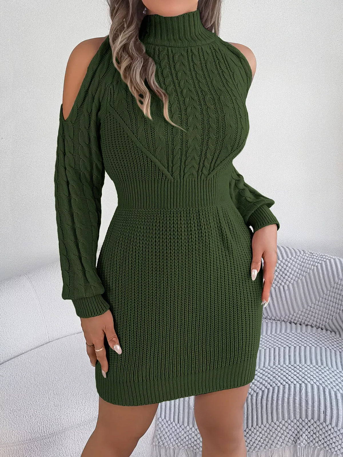 Green Cold Shoulder Cable Knit Sweater Dress - View 6 | TEVQA