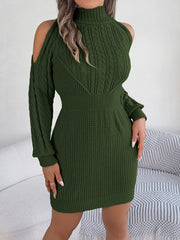 Green Cold Shoulder Cable Knit Sweater Dress - View 6 | TEVQA