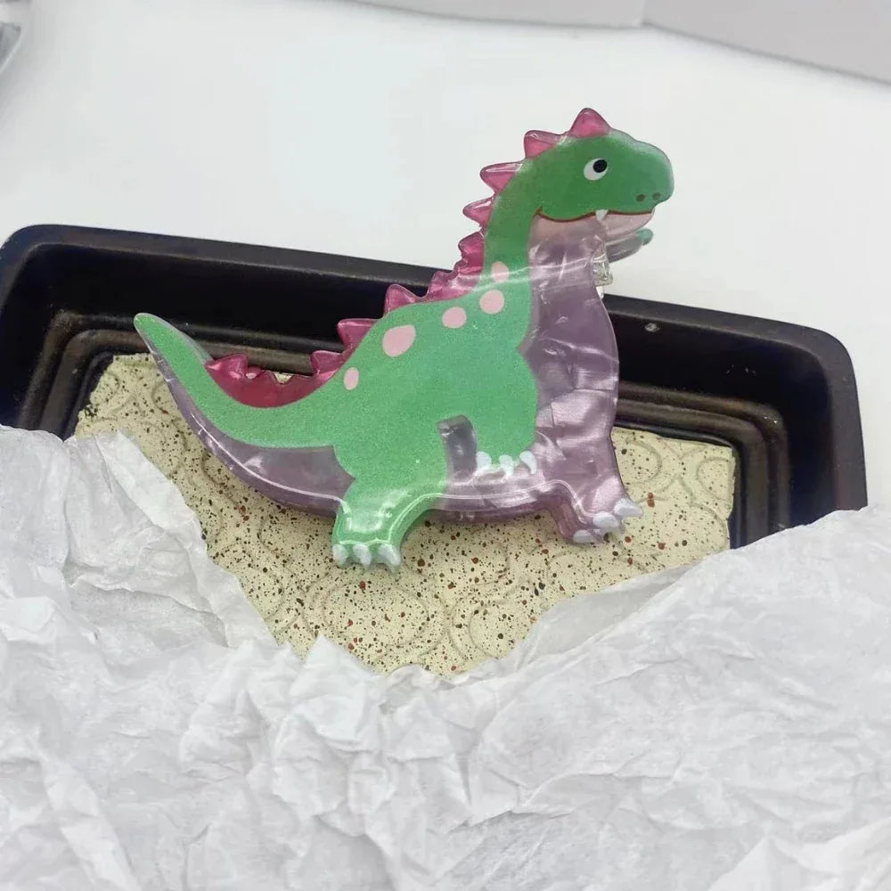 green and pink acrylic dinosaur hair clip