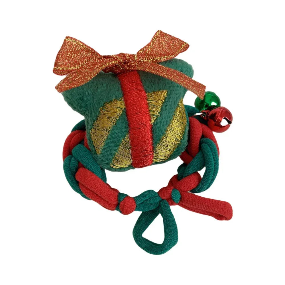 Plush Christmas gift box ornament with red and green braided rope and bells Main image