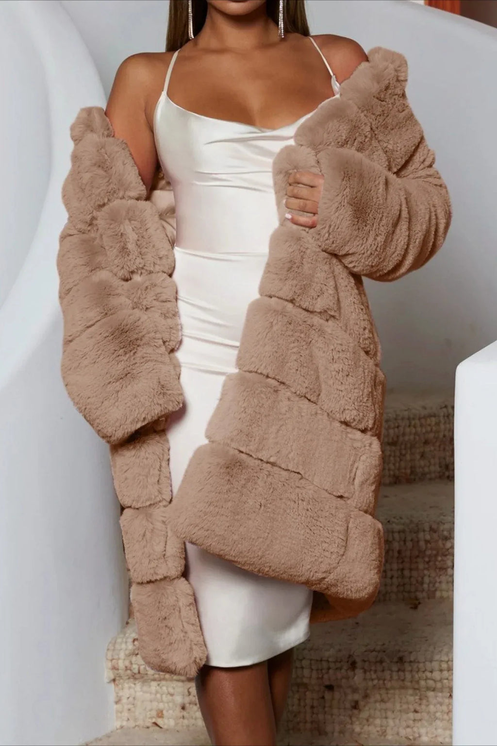 Elegant grey tiered faux fur long coat - View 9 | TEVQA
