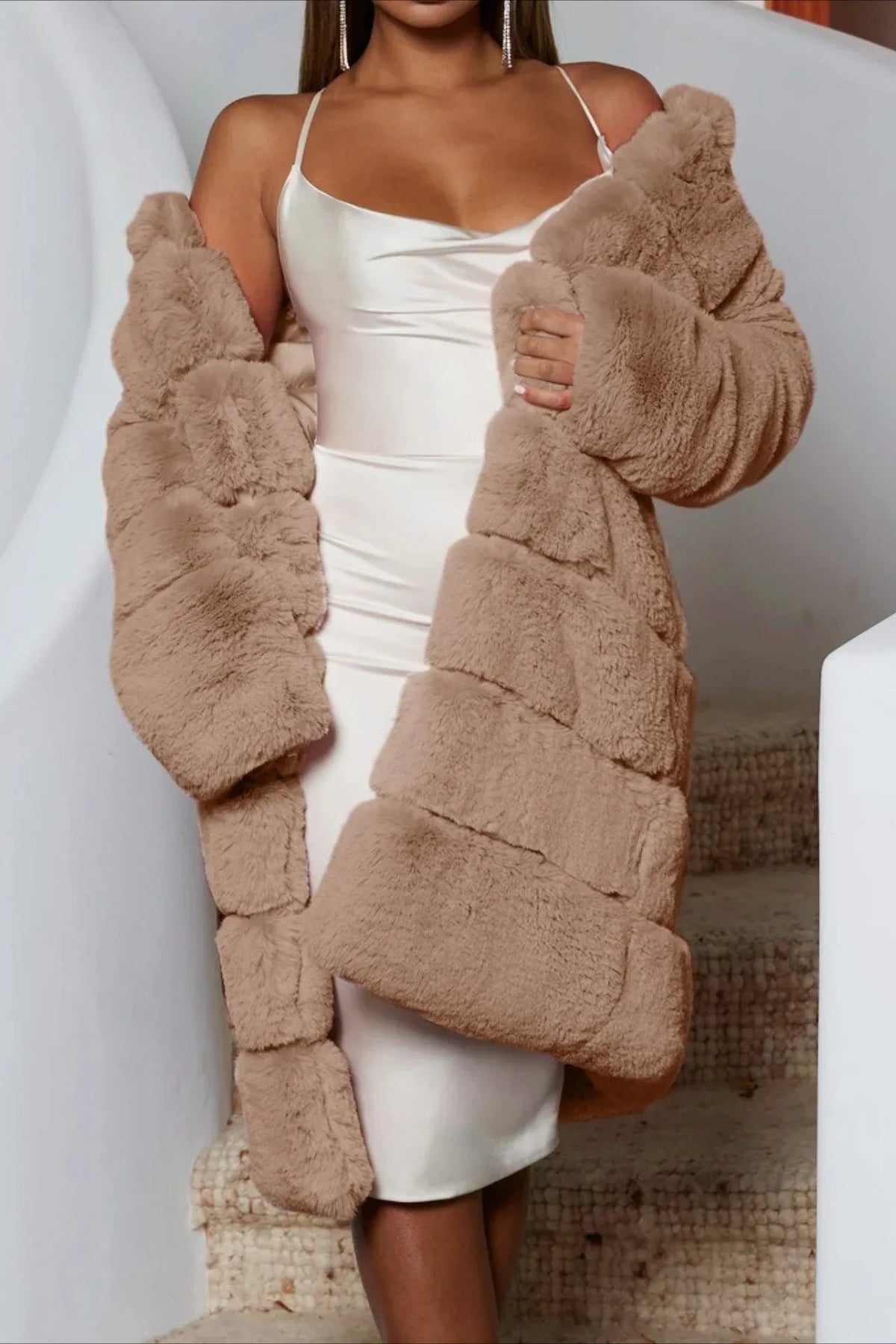 Elegant grey tiered faux fur long coat - View 9 | TEVQA