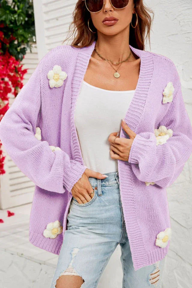 Camel 3D Floral Lantern Sleeve Cardigan - View 29 | TEVQA