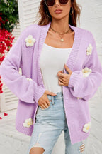 Camel 3D Floral Lantern Sleeve Cardigan - View 29 | TEVQA