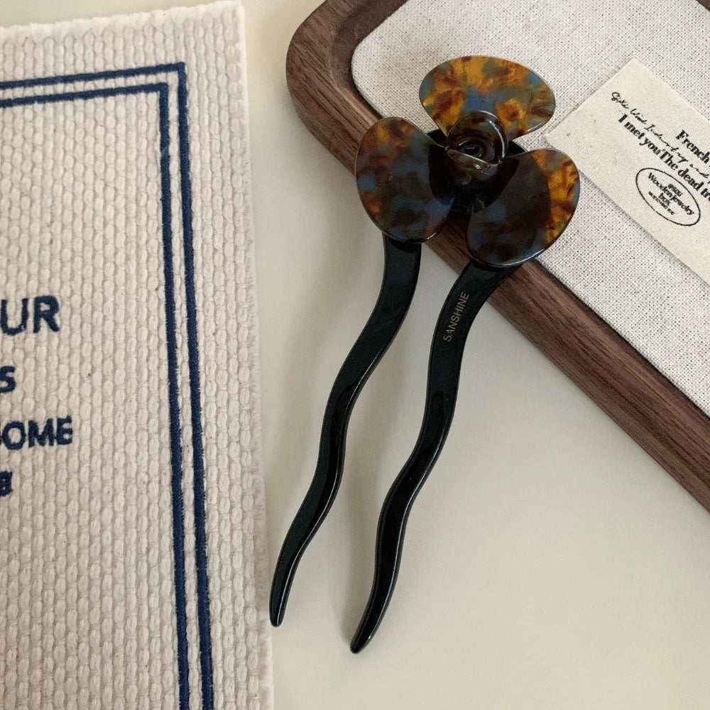 Acetate Flower French Hair Pin - 5.2" Wavy Chignon Pin