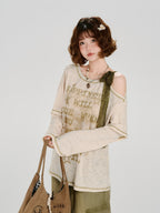 Vintage Graphic Cold Shoulder Layered Top - Beige