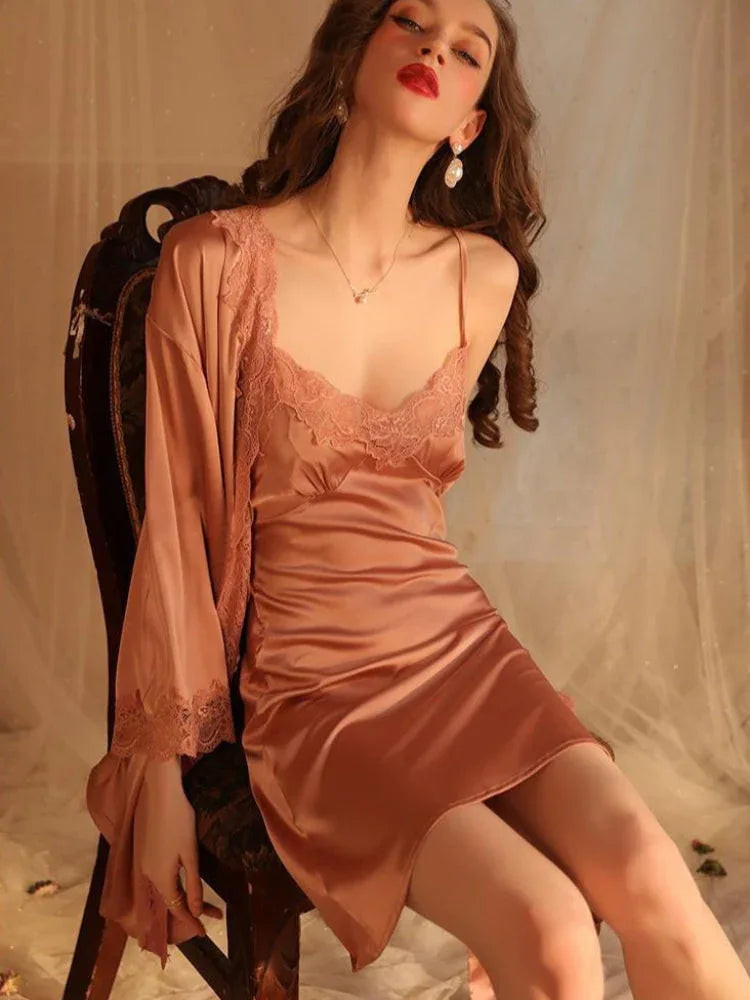 Pearl White Satin Lace Robe & Nightgown Set - View 11 | TEVQA