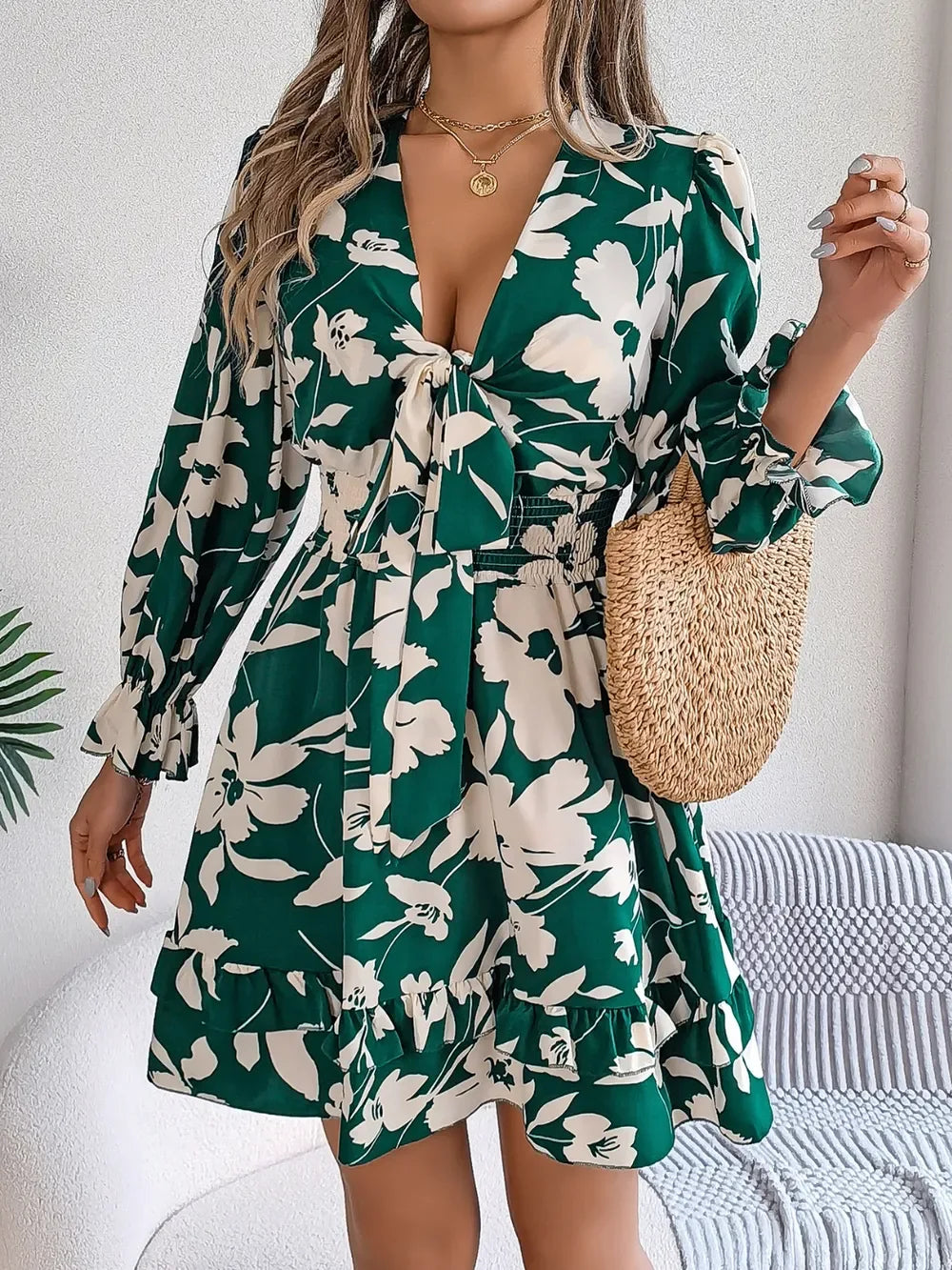 Floral Tie-Front Mini Dress - View 11 | TEVQA
