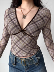 Vintage Brown Plaid Deep V-Neck Long Sleeve Top