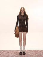 Women's Ribbed Knit Henley Long Sleeve Top Slim Fit