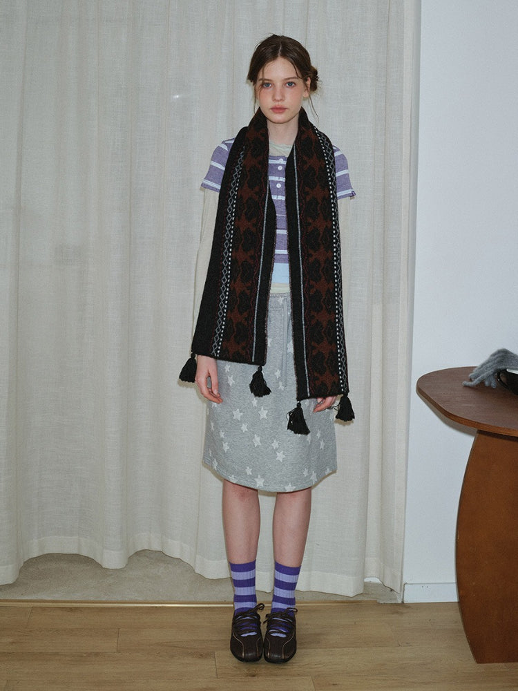 Wool Blend Fair Isle Knitted Scarf Beige Geometric Pattern with Corner Tassels