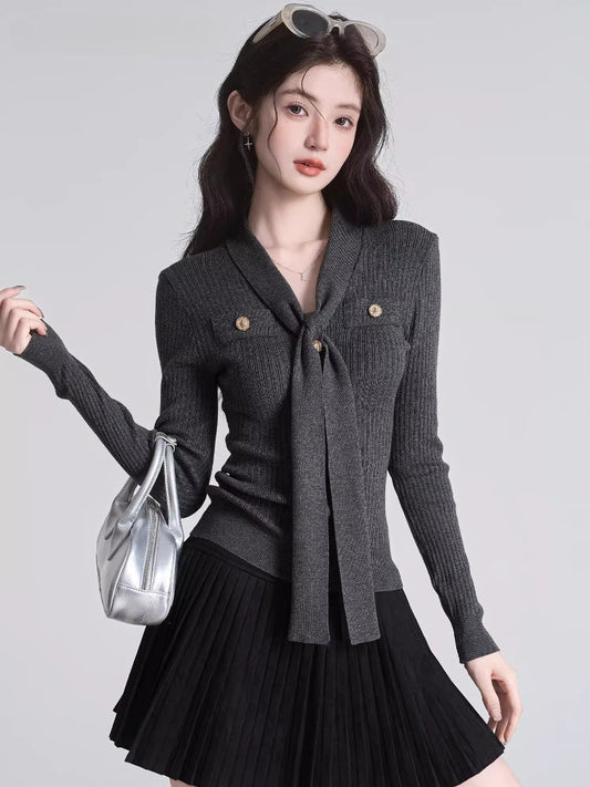 Tie-Neck Ribbed Knit Top Dark Grey